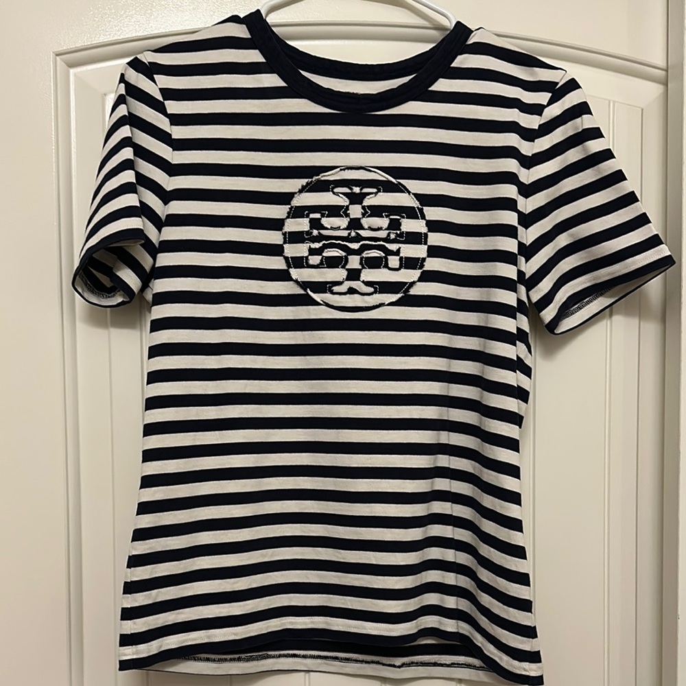 Tory Burch Black and White Striped Tee with Crew Neck